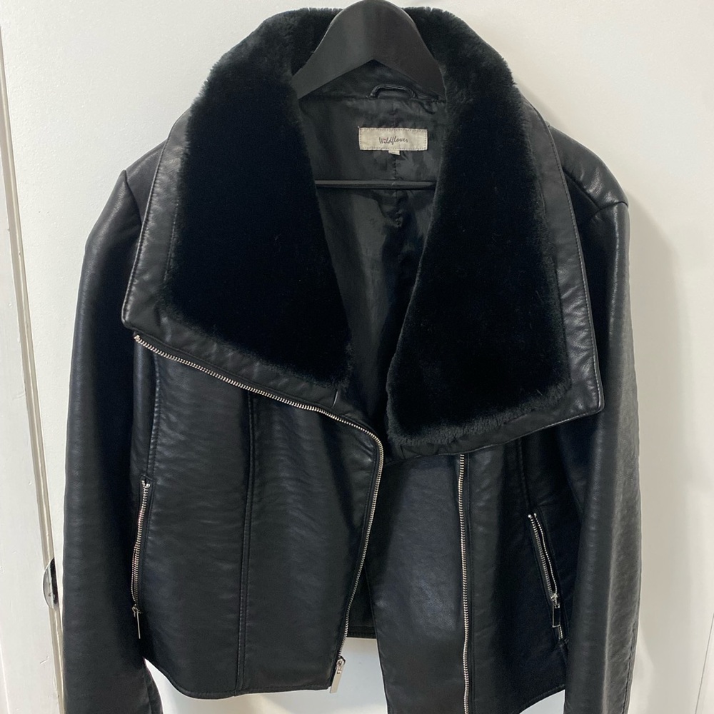 Wildflowers Black Leather Jacket with Faux Fur Collar
